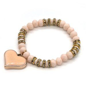 Bracelet with Peach Heart Charm and Beads. Gold Rhinestone accents. OS.